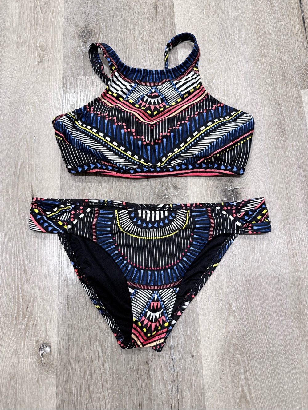 Bar III Multicolor Tribal High Neck Bikini - Black, Blue, Pink, Yellow